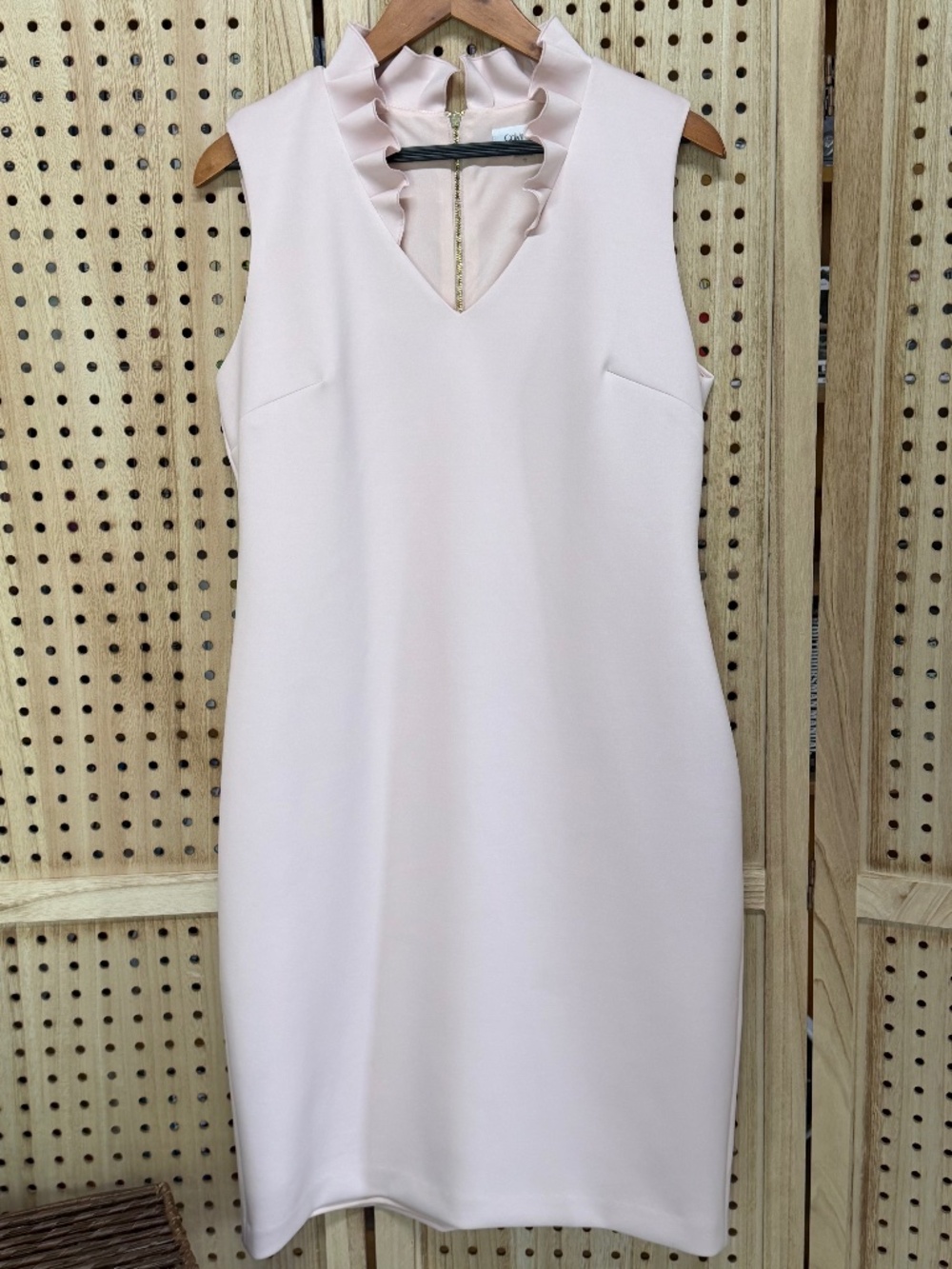 Calvin Klein Premium Scuba Crepe Ruffle V-Neck Sheath Dress Blush Pink Size 12